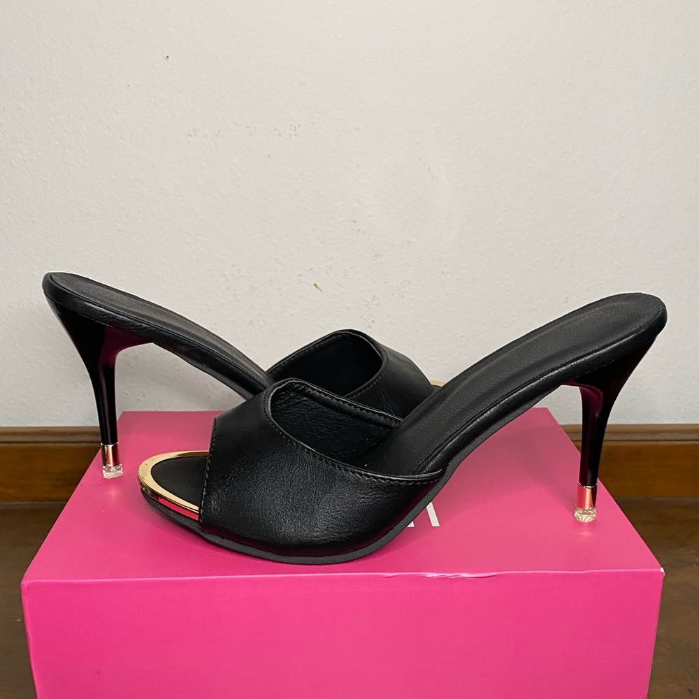 Black Open-Toe Mule Heels with Gold Accent